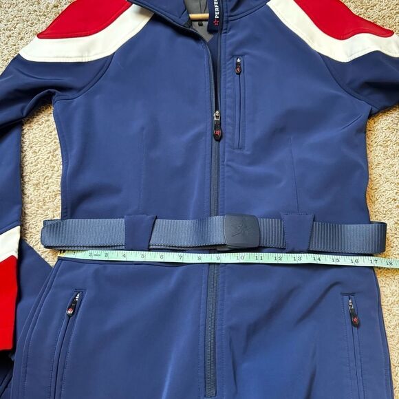 Women’s Perfect Moment Allos Ski Suit Navy Blue Red EUC Large Belted Ski Suit - Picture 12 of 13